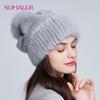 Mink Fur Knitted Hat for Women Winter Thick Warm Beanie with Fox Fur Pompom