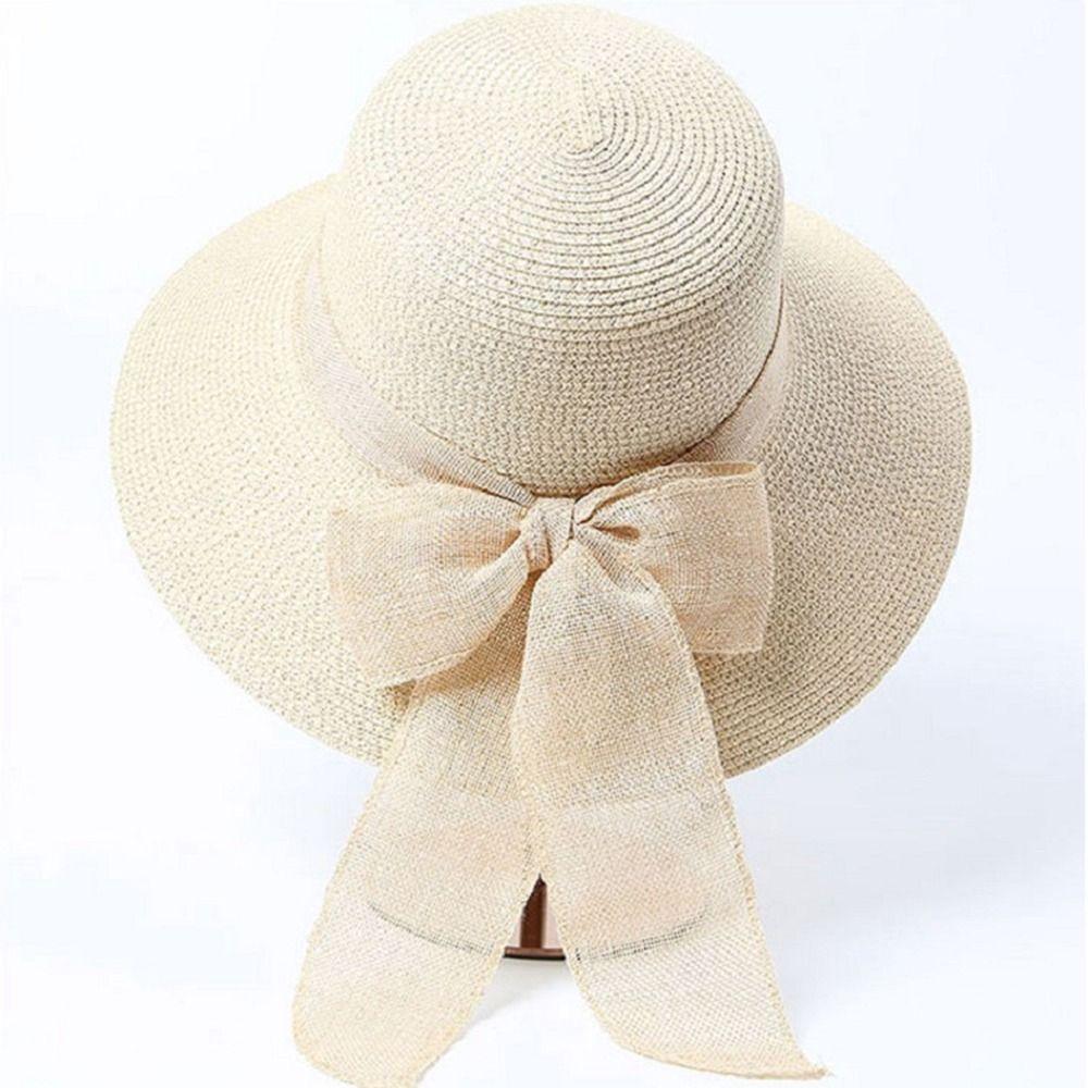 Beach Cap Sunscreen Bowknot Ribbon Flat Hat British Style Sun Hat Top Hat Straw Hat Weave Sun Cap