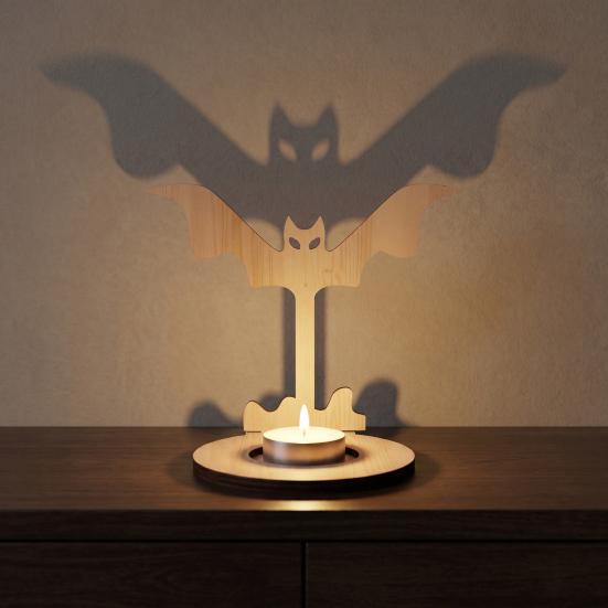 Halloween Candle Holder Wooden Holder, Silhouette Ghost/Bat/Scarecrow/Bat Bat Shadow Casting Tealight for Home Table Fireplace Decor Black Cat Base