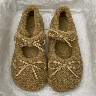 Зимняя шерсть ягненка женские туфли-балетки 2025 модные неглубокие слипоны женские балетки бант-бабочка домашние теплые мягкая подошва женская обувь
