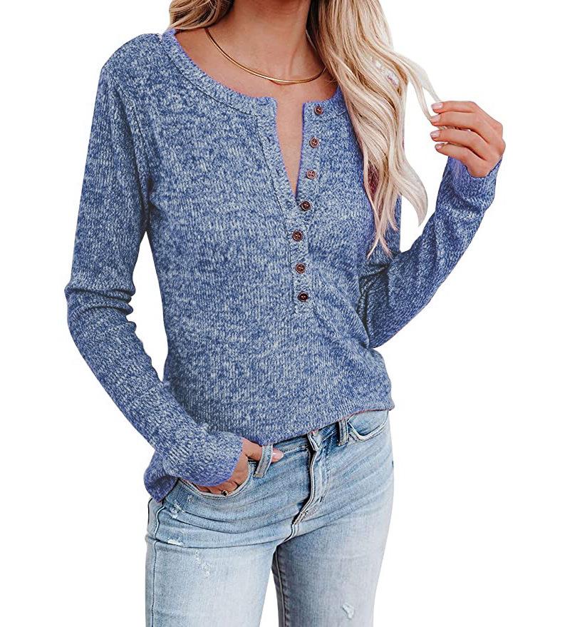 Осенне-зимняя женская повседневная футболка с длинными рукавами на пуговицах на груди