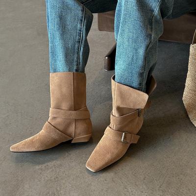 Корейская версия модной пряжки ремня, туфли на низком каблуке, двойного ношения, 2025 осень, новые, квадратный носок, низкий каблук, повседневные короткие ботинки на один шаг