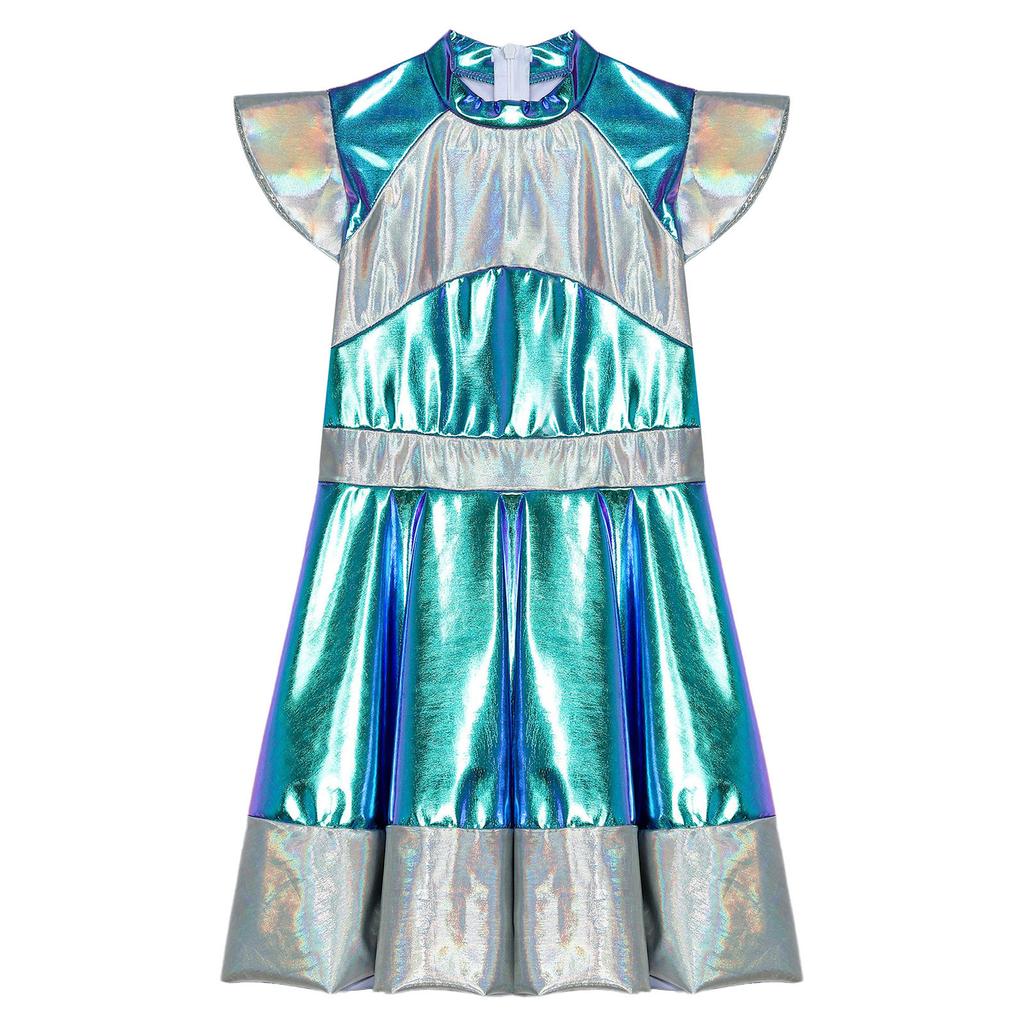 Girls Halloween Alien Cosplay Costume Glossy Outer Space Cutie Costume Roly Play Dress Fancy Dress Up Theme Party Performance