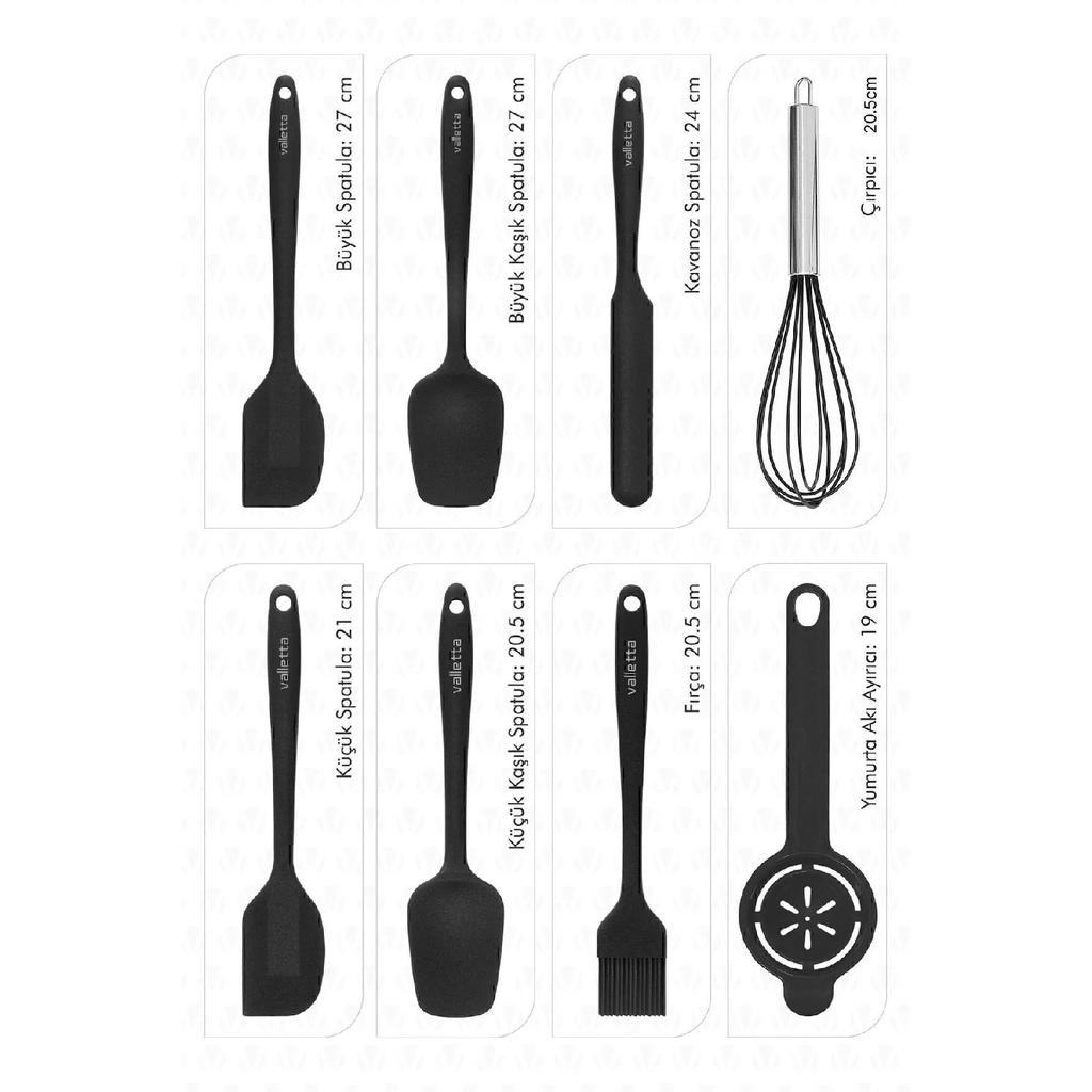 Drongo Heat Resistant Fireproof Nonstick Silicone Spatula Set 8 Pieces Black