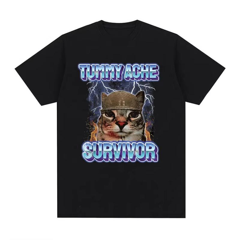 Vintage Tummy Ache Survivor Funny Cat Meme Tee Shirt Unisex Women Clothing Fashion Short Sleeve Tshirt Casual Pure Cotton T Shirts