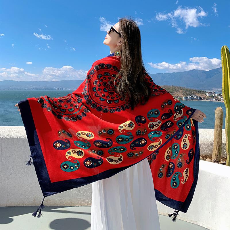 Summer cotton and linen feel scarf travel silk scarf sun protection air conditioner large shawl women's beach towel ethnic style scarf