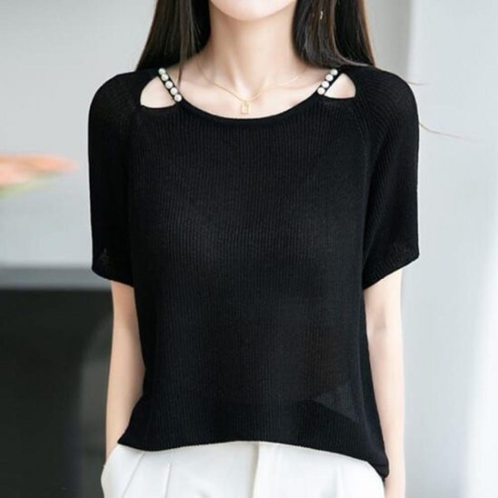 Navava Women Pearl PoinT Ribbed ShorT Sleeve KniT T shirT Nk3070