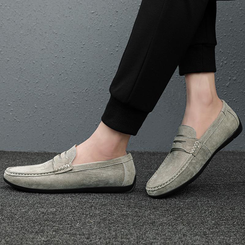 Fashion 2025 Men's Grey Suede Finish Loafers Leather Elastic Gusset Stitch Detailing Slip-Resistant Driving loafers Large size 38-45
