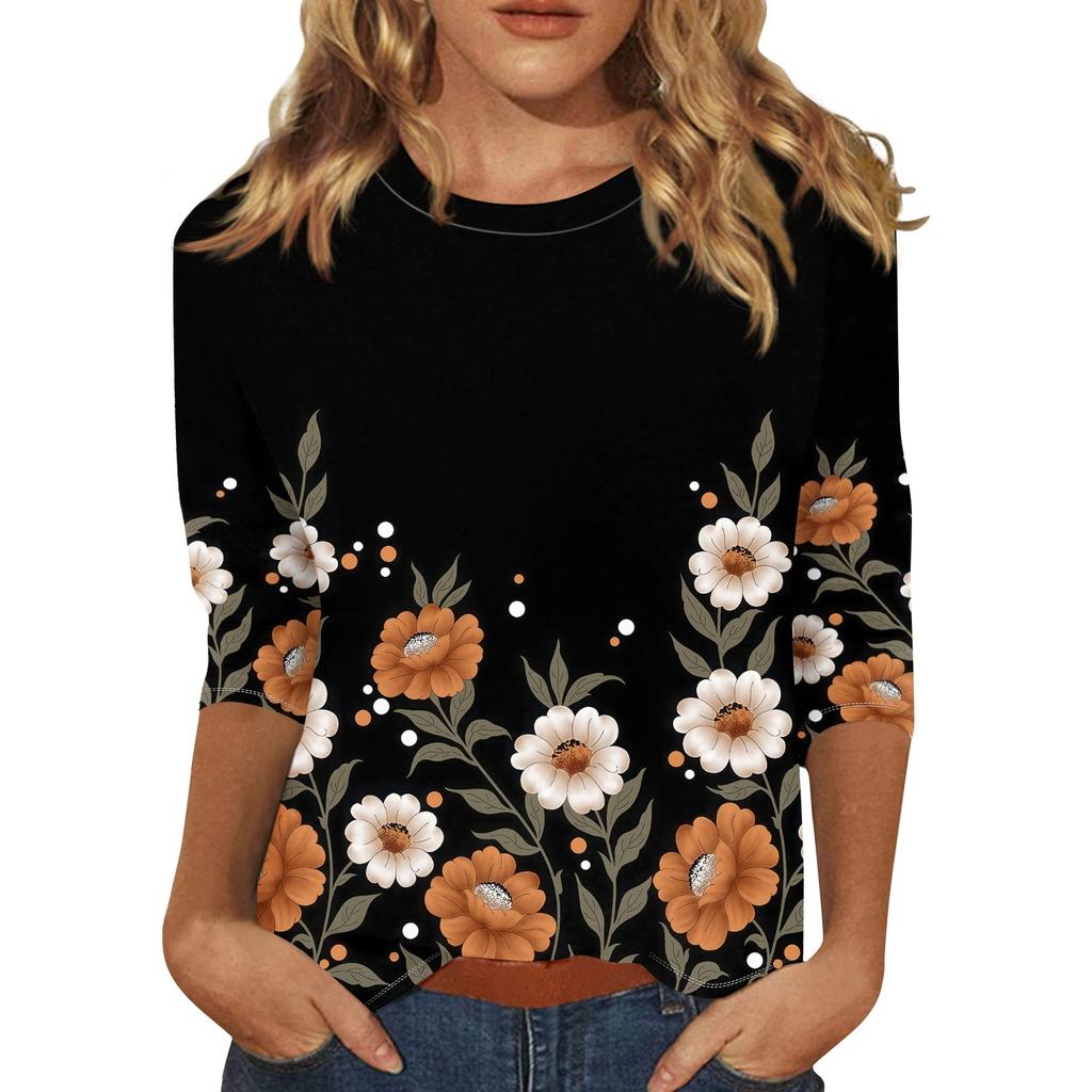 Женская модная футболка с цветочным принтом и круглым вырезом, рукав три четверти, повседневный топ