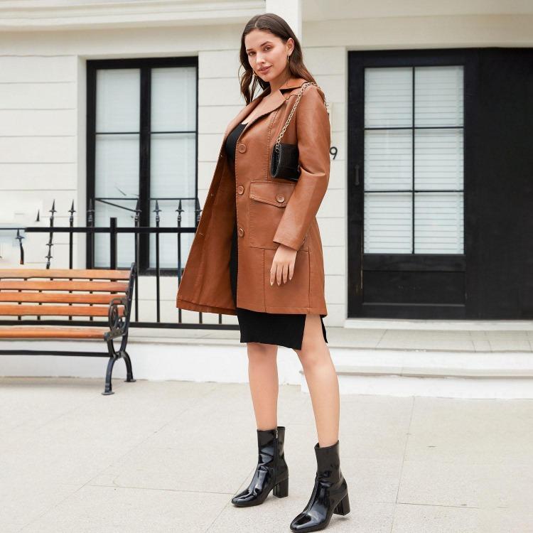 Fashion Women Slim Fit Pu Leather Jacket Long Sleeve Lapel Collar Zipper Outerwear for Fall Winter