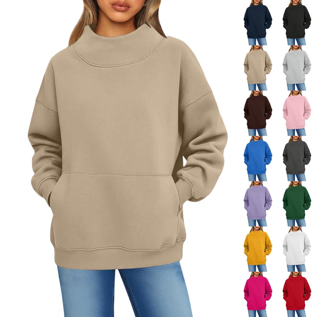Women's Fashionable Casual Solid Color Round Neck Long Sleeved Pocket Sports Casual Pullover Sweatshirt Top