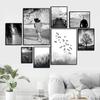 Wood Bridge Scenery Girl Birds Black White Art Poster Tree Forest Surf Nature Picture Prints Scandinavian Wall Decor HD0134