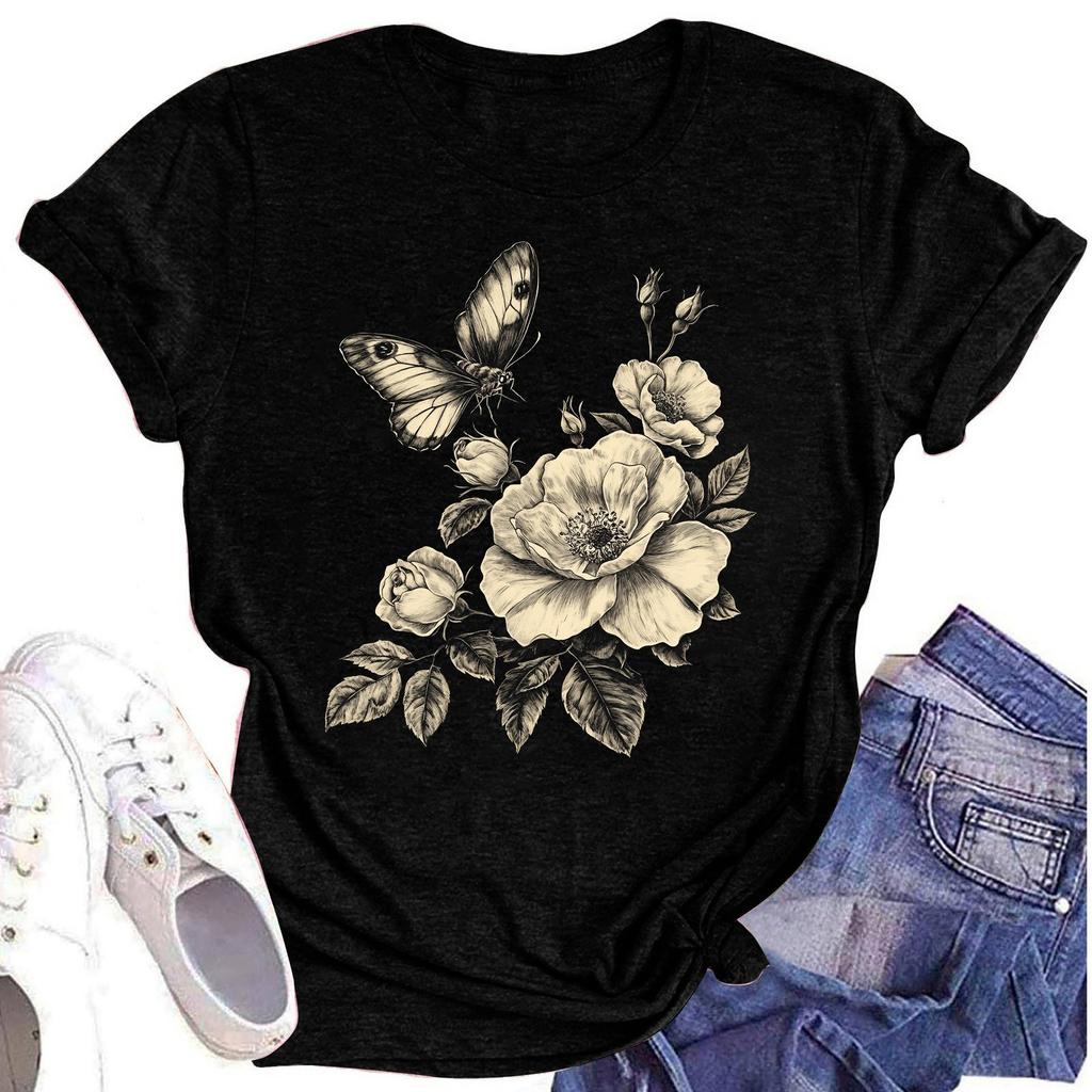 Женская повседневная футболка с круглым вырезом и цветочным принтом, короткий рукав