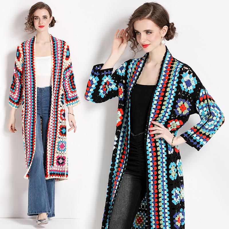 Autumn Long Cardigans Spring Fashion Vintage Floral Knit Streetwear Loose Hollow Out Overcoat