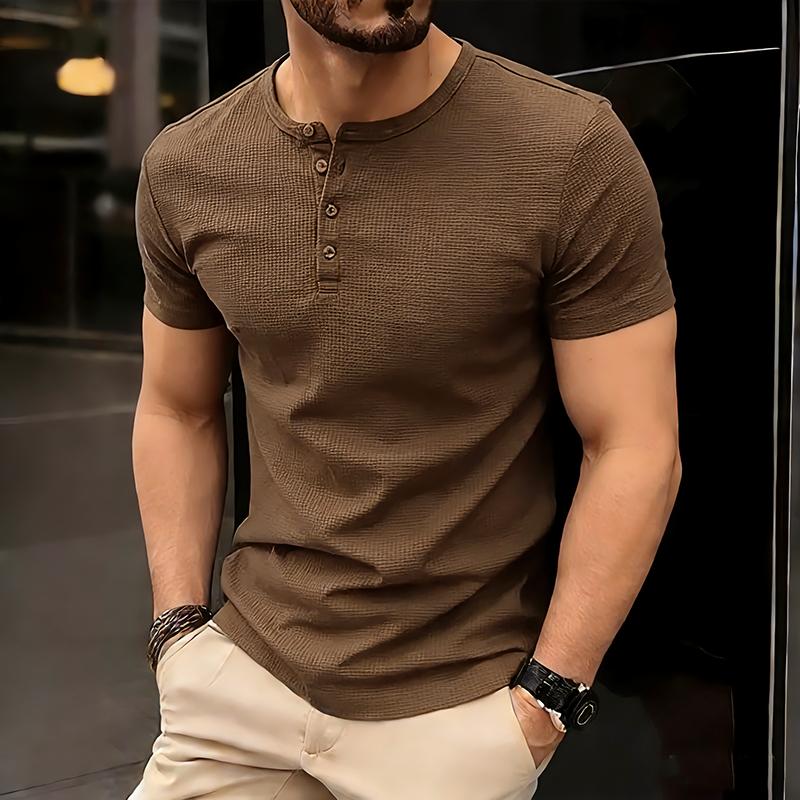 Мужская футболка-henley с коротким рукавом, однотонная, мужские топы, облегающий крой, воротник на пуговицах, повседневная, шикарная, стритвир