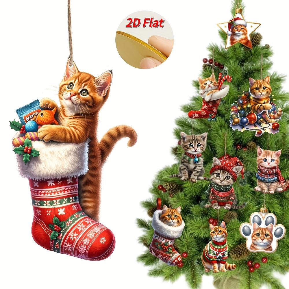 2D Flat Wooden Christmas Cat Pendant 10-piece Set - Holiday Tree Decoration, a Must for Holiday Atmosphere, Suitable for Halloween, Christmas, Gifts