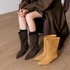 Мода 2025 Новые женские сапоги до середины икры с острым носком из коровьей замши на тонком каблуке, теплые сапоги-рыцари, модные слипоны для вечеринок, женская обувь, современные сапоги