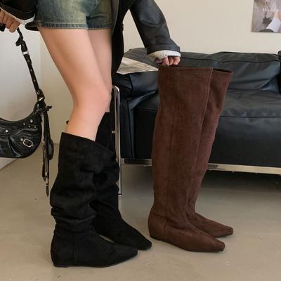 2025 осень замшевые с внутренней высотой на танкетке тонкие ботфорты высокие рыцарские ботфорты выше колена теплые женские ботинки