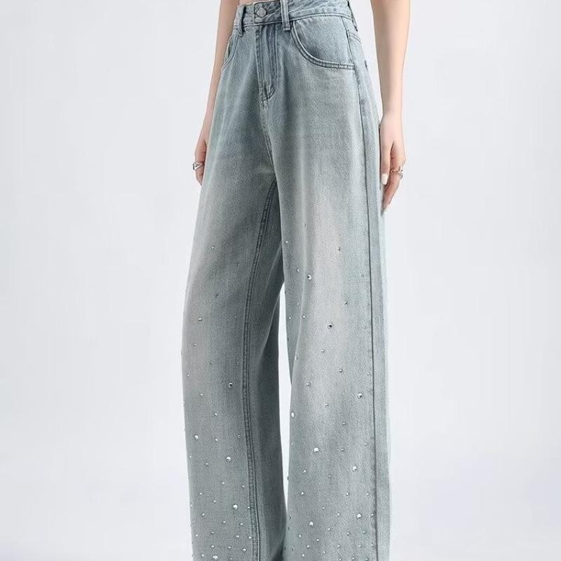 Весна и Осень 2025 Женские Джинсы с Высокой Посадкой, Светлые, Широкие от Бедра: Трендовые Универсальные Стройнящие Прямые Брюки с Дизайном Горячей Отделки.