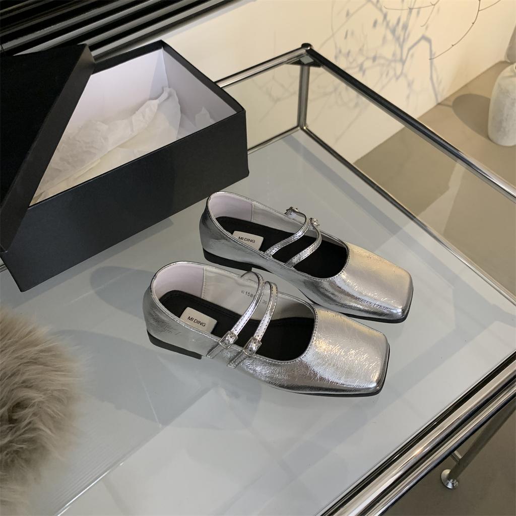 French Evening Breeze Silver Single Shoes Female 2024 New Spring and Autumn Summer Flat Temperament Fairy Square Head Light Mouth Mary Jane