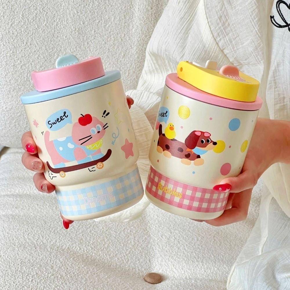 Stainless Steel Cartoon Insulated Cup 420ml Straw Thermal Flask Cute Travel Coffee Mug