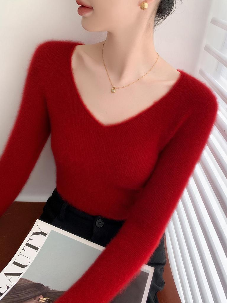 Women's V-Neck Cashmere Pullover - Loose Fit Solid Color Base Layer for Autumn/Winter