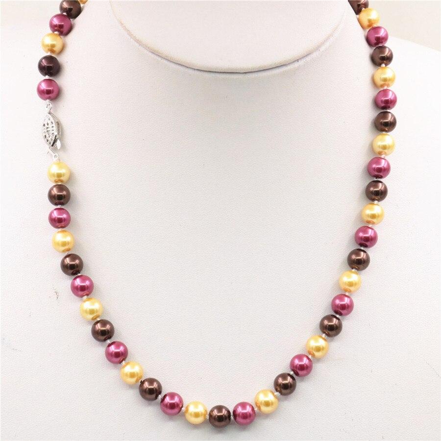 Round 8mm South Sea Gold Rose Red Brown Multicolor Shell Pearl Necklace Women Jewelry Making Design Rope Chain Neck Wear 18INCH