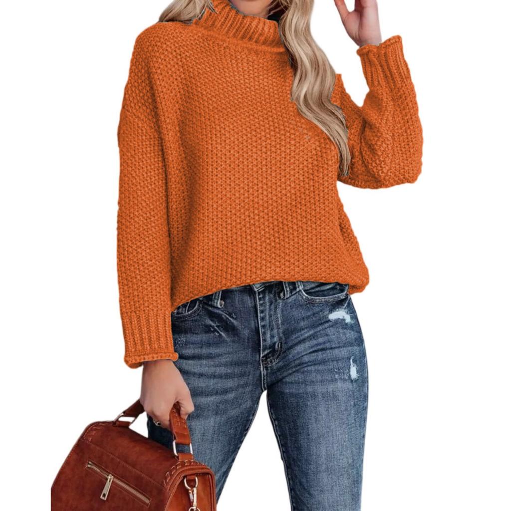 Модный женский вязаный свитер с высоким воротником, длинными рукавами и подвернутым краем
