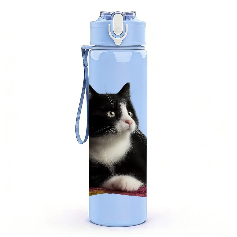 1PC Black White Cat On Pink Mat 750ml Color Plastic Sports Water Bottle Leakproof Flip Straw Lid Suitable for Sports Office Home Use