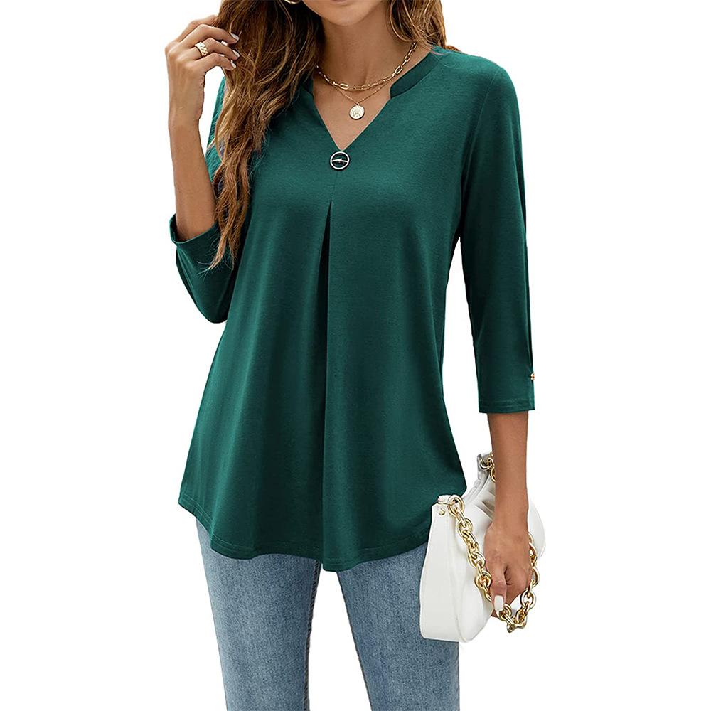 Women's V-Neck Tunic Blouse 3/4 Sleeve Shirts Loose Fit Top with Ring Detail, Casual Dressy Shirt for Work or Daily Wear Blouses Casual Tops S-XXL