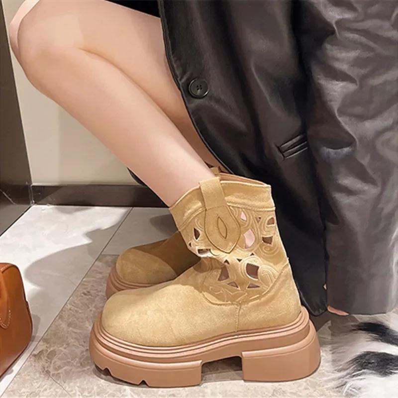 Fashion Summer Breathable Hollow Ankle Boots Women Chunky Platform Boots for Women Faux Suede Embroidery Design Top Quality Cowboy Boots