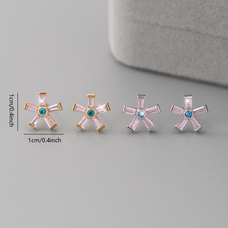 Real 925 Sterling Silver Sweet Pink Flowers Stud Earrings For Women Pave Setting CZ Fine Jewelry Gift