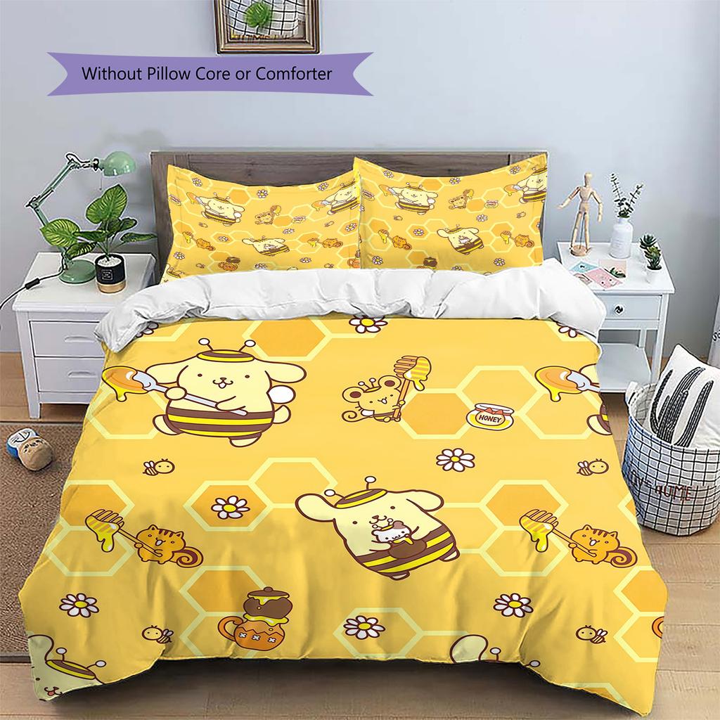 Pom Pom Purin Pattern Bedding Quilt Set  Home Decoration  Gift (1 * duvet cover + 2 * pillowcase  without core)