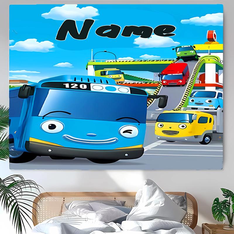 Personalized Tayo the Little Bus Background Tapestry,Custom Name Birthday Party,Multifunctional Wall Decoration for Home Decor,Various Occasions