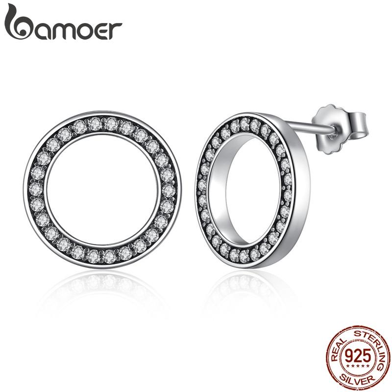 BAMOER Forever Clear CZ 925 Sterling Silver Circle Round Stud Earrings with CZ Jewelry GIFT
