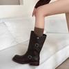 Autumn and Winter Leather Women's Boots Solid Color Sleeve Middle Heel Round Head Large Tube Circumference Versatile Large Size Leather Boots Medium 