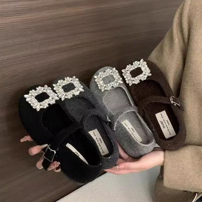 Судинг дом! Плоские серые фетровые туфли с квадратным носком и стразами, женские, осень-зима 2025, плюшевые туфли Мэри Джейн Мао
