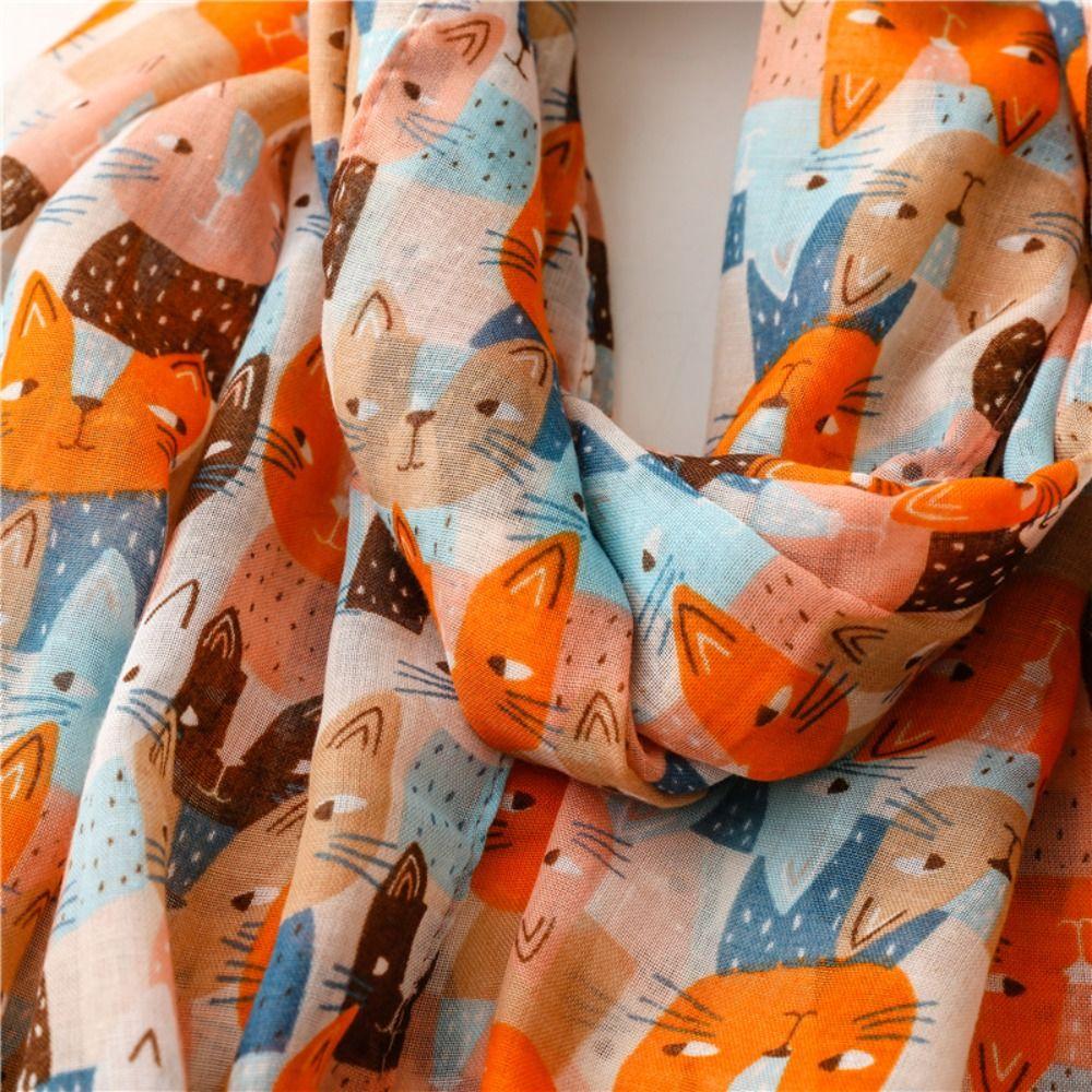 Bohemian Cat Pattern Tassel Scarf Long Animal Print Scarves Elegant Ethnic Style Wrap Female