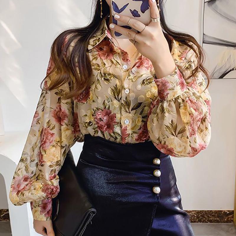 Осенняя женская одежда, шифоновые топы на пуговицах с отложным воротником, изящные повседневные рубашки с рукавами-фонариками и цветочным принтом, рубашки с открытой строчкой