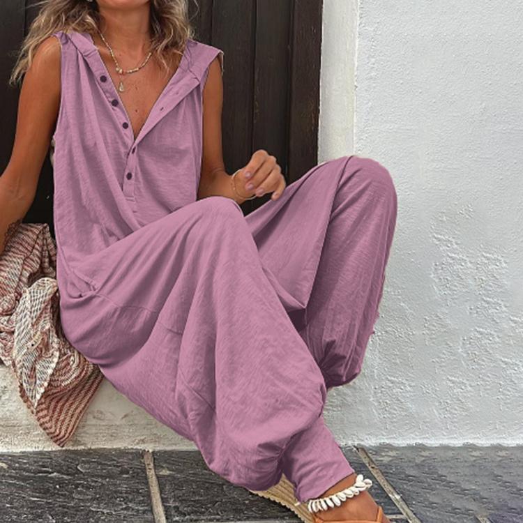 Винтажный комбинезон на пуговицах, летний женский повседневный пляжный комбинезон с перекрестными брюками, модный свободный однотонный комбинезон без рукавов с капюшоном, уличная одежда
