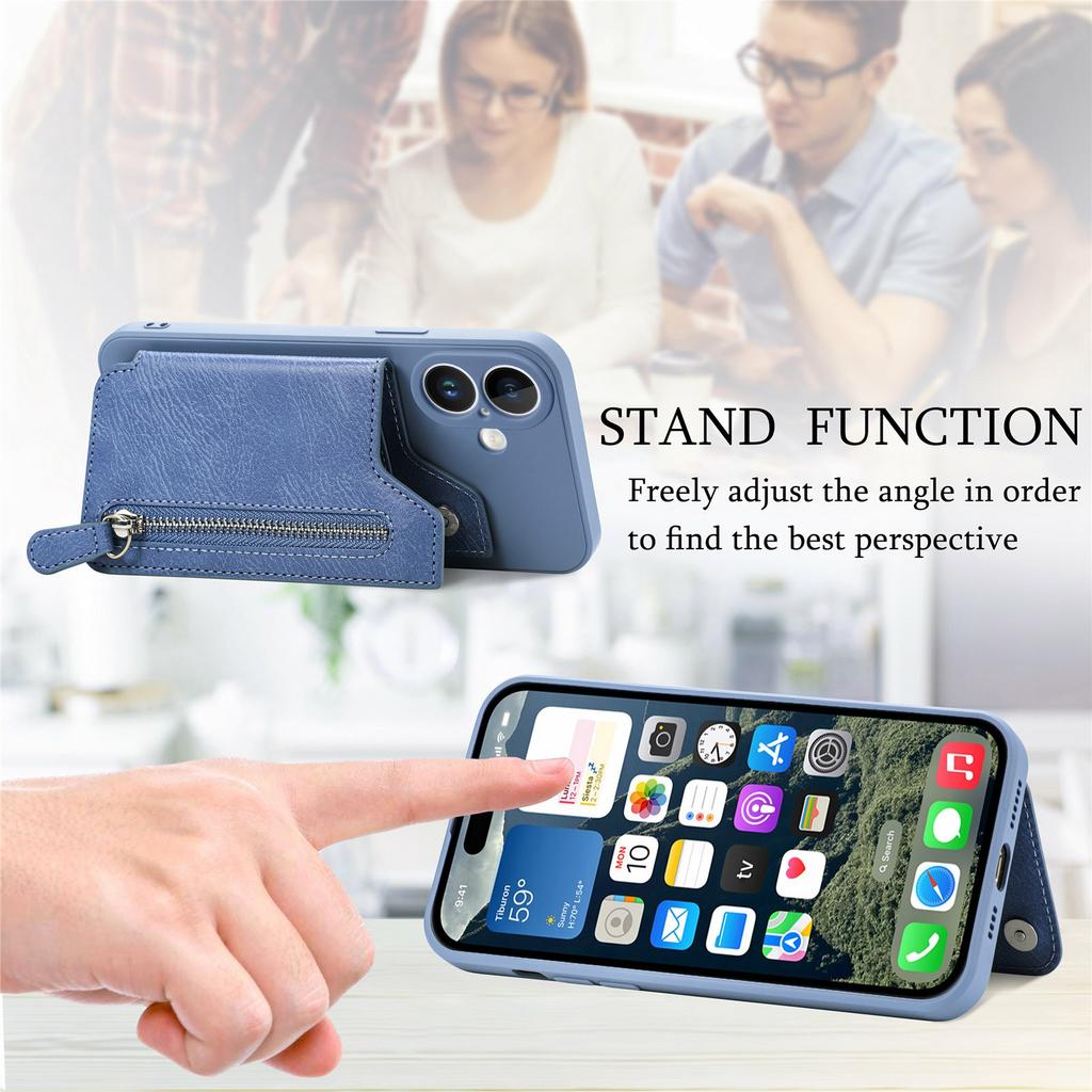 Чехол для iPhone 16 из искусственной кожи + ТПУ с карманом на молнии и кошельком - фиолетовый