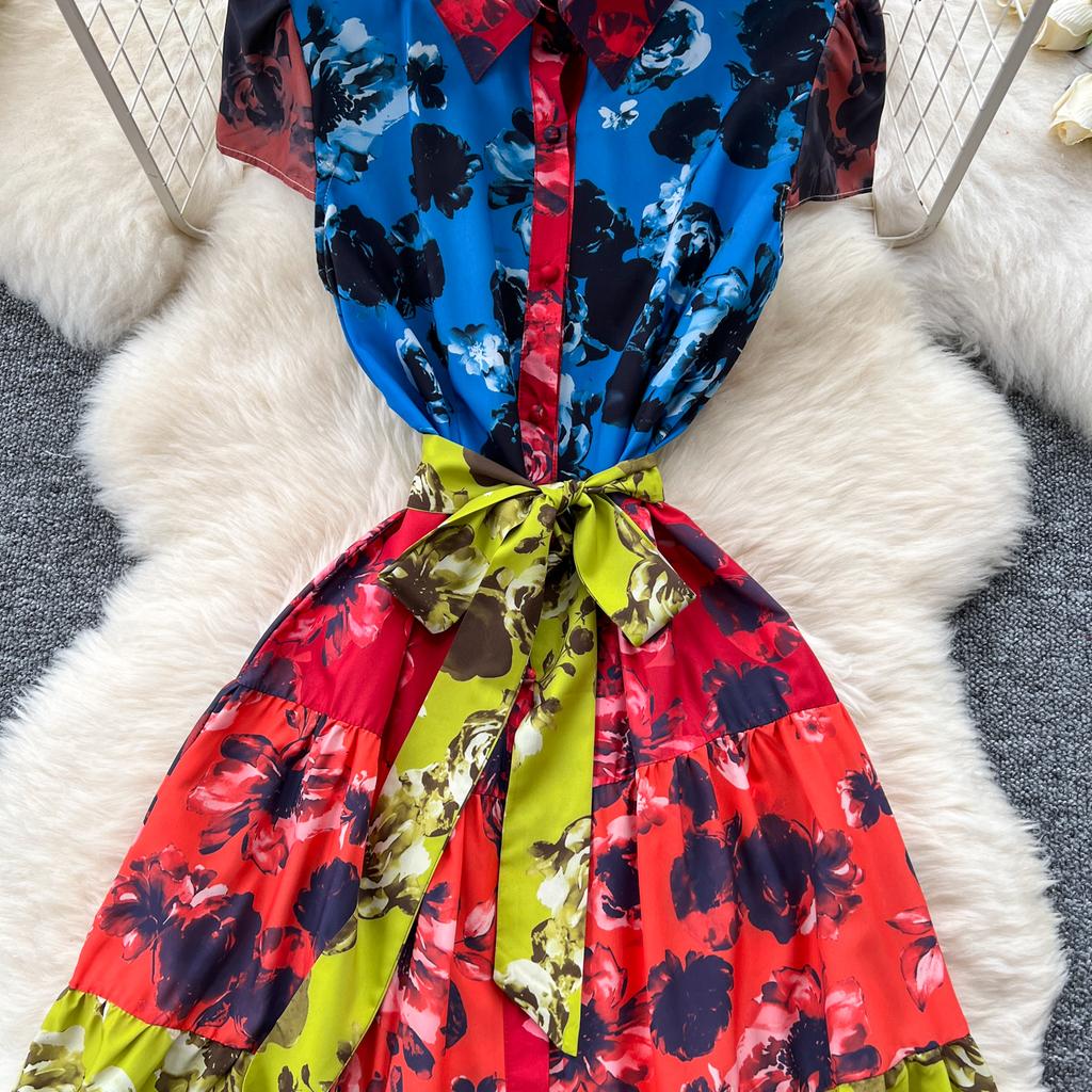 Summer Women Vintage Print Chiffon Turn-down Collar Shirt Single Breasted Holiday Beach Long Maxi Dresses