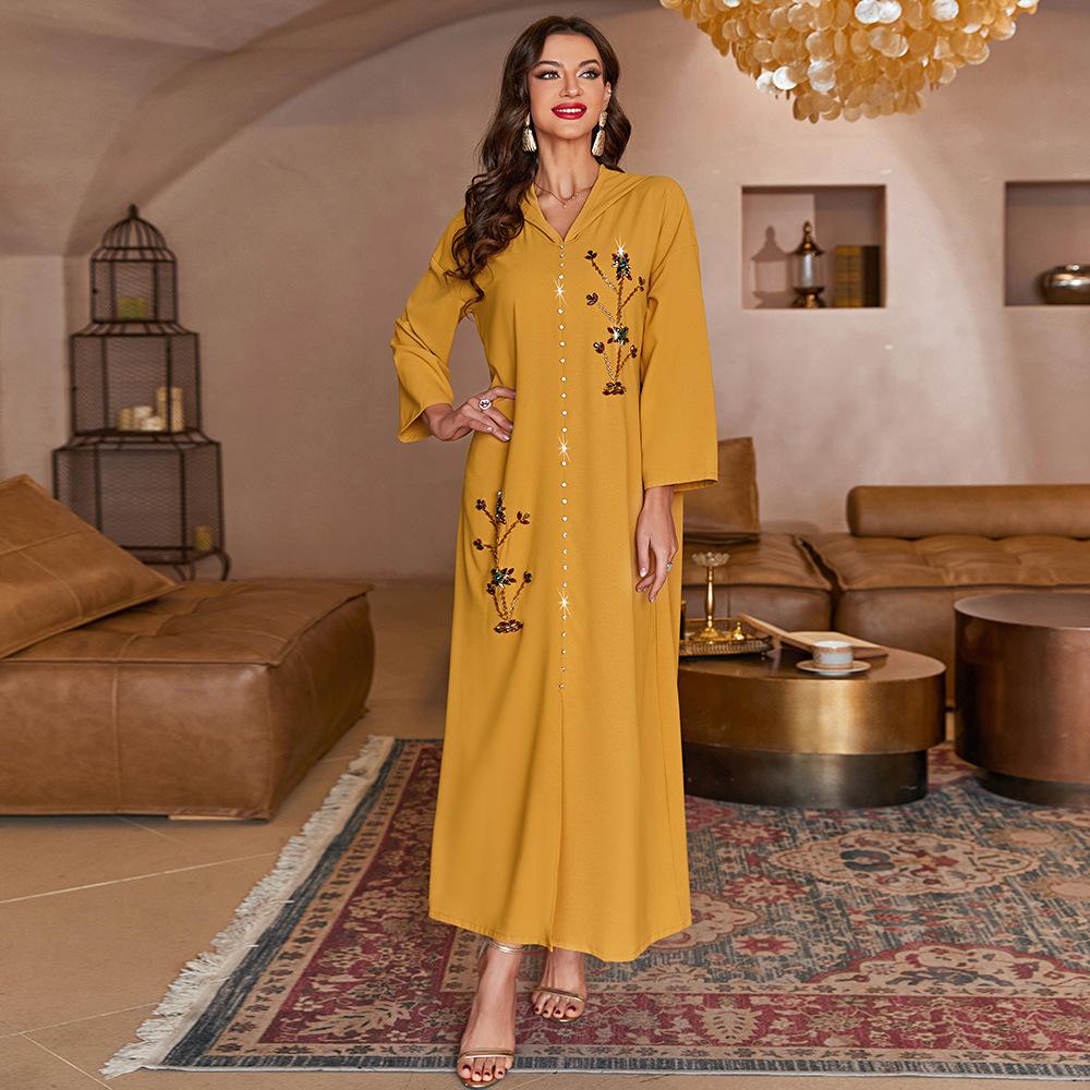 Women's Yellow Hooded Asymmetric Handmade Rhinestone Robe Loose Muslim Dress Abaya