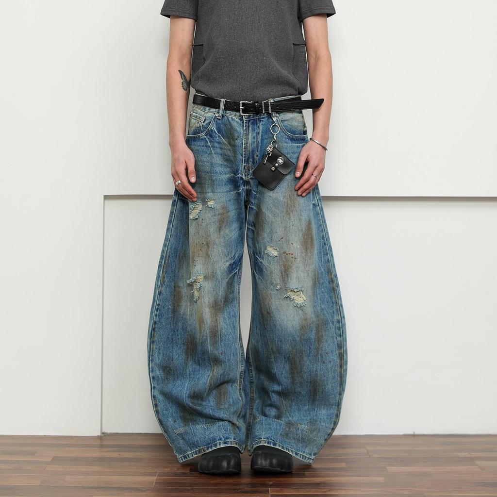 Унисекс Винтажные Хип-Хоп Рваные Джинсы Широкого Покроя с Изогнутыми Штанинами и Эффектом Грязной Стирки