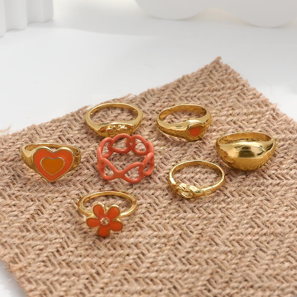 Women's Orange Heart Flower Enamel Ring Set Vintage Gold Statement Stackable Midi Knuckle Rings for Summer Beach Party
