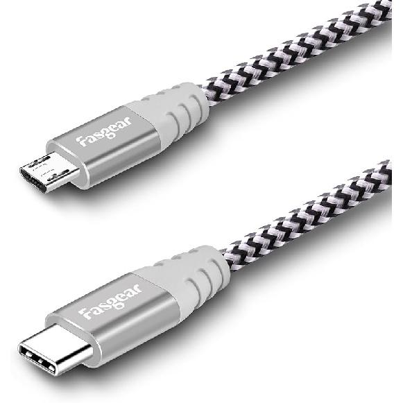 Fasgear USB C to Micro USB Cable 30cm Nylon Braided Type C to Micro USB Cord Compatible with Galaxy S7/S6, HTC One/10 and More (Gray, 1ft)