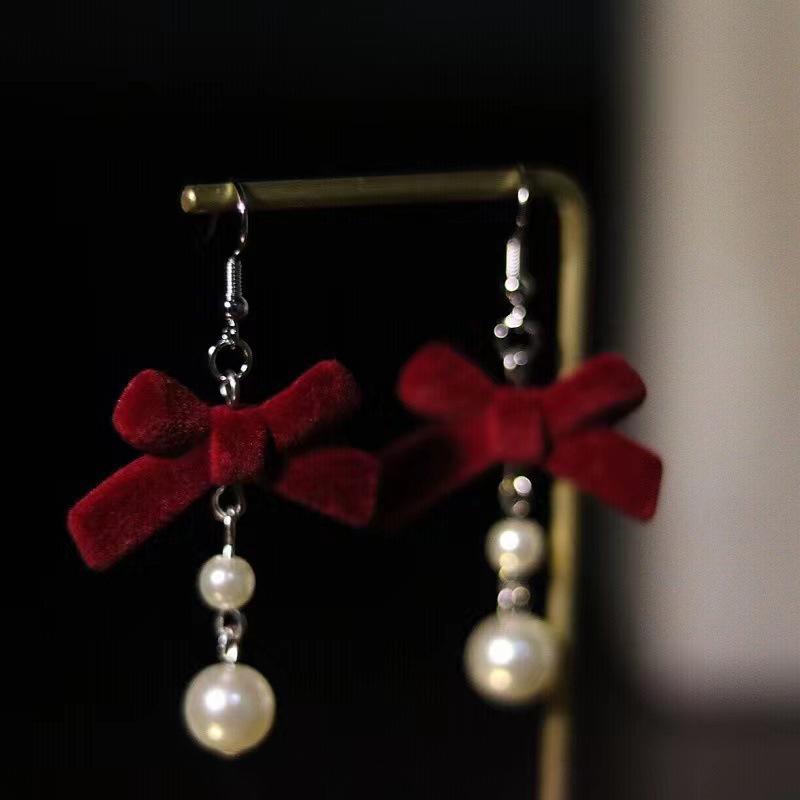 Серьги-бантики из красной флокированной ткани, темпераментные серьги с длинными бахромой в виде сладких цветов