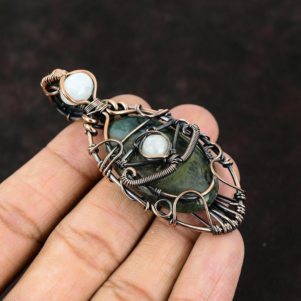 Подвеска из драгоценного камня сглаза, медная обертка, подвеска ручной работы, кулон с радужным лунным камнем, ювелирные изделия от сглаза, подарок для нее, медные украшения