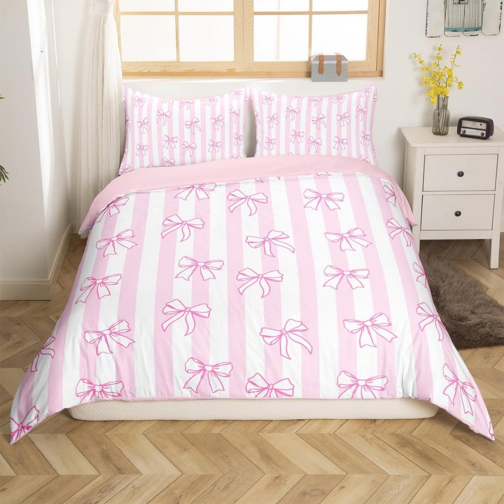 Cute Kawaii Bowknot Kids Duvet Cover Geometric Plaid Butterfly Knot Quilt Cover For Girls Teen Women Adults 3 Pcs No Quilt