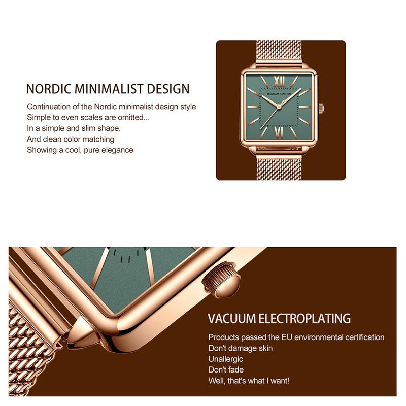 Hannah Martin Женские кварцевые часы Японский кварцевый механизм Зеленый циферблат Квадратные часы Модные наручные часы Женские часы из розового золота для женщин